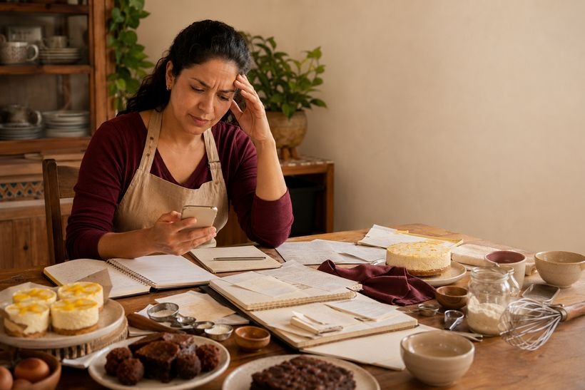 Mujer con expresión de agobio frente a decenas de recetas anotadas en papeles y cuadernos