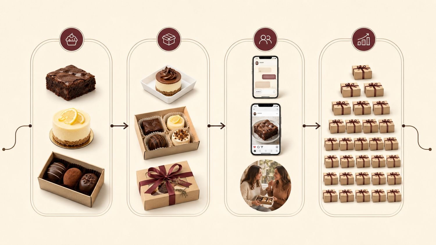 Los tres productos, las cajas y combos, los canales de venta y las treinta cajas de la meta, en cuatro etapas