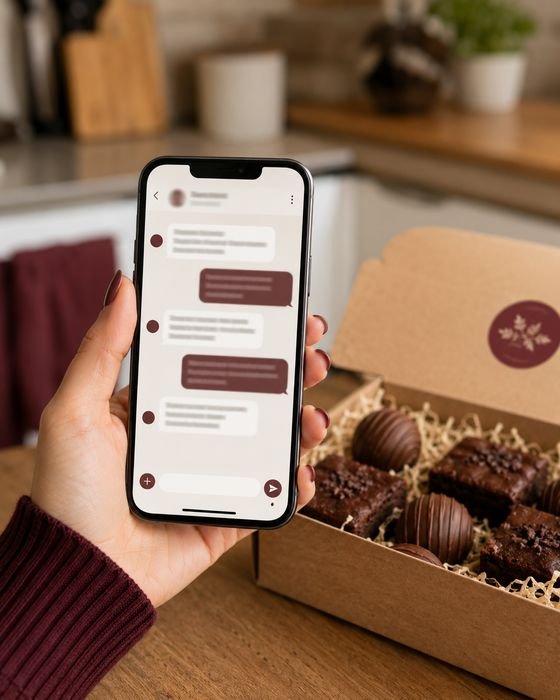 Mano sosteniendo un teléfono con una conversación de pedido, junto a una caja abierta de brownies y trufas