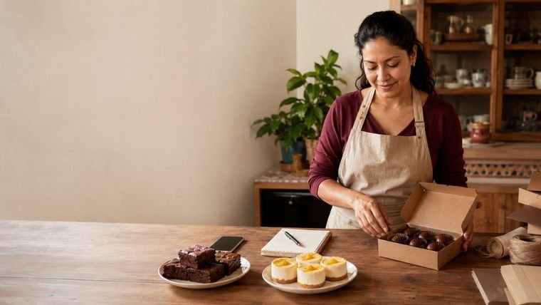 Mujer colocando trufas keto en una caja de cartón, con brownies y cheesecakes listos sobre la mesa